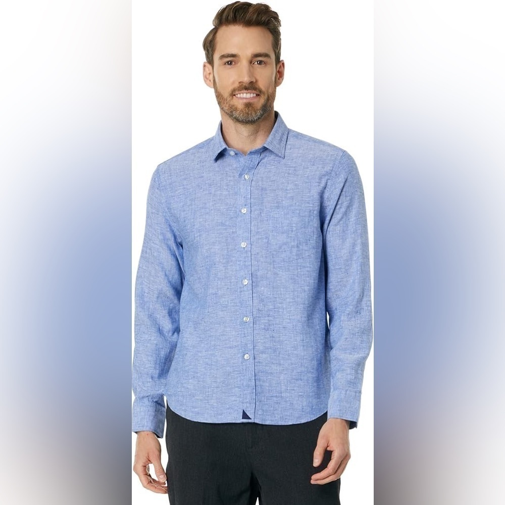 Untuckit Vin Santo Linen Blue Slim Fit Button Down Shirt